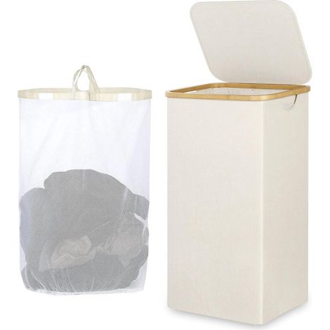 Wäschekorb 110 Liter mit Deckel Herausnehmbare Innentasche Bambusgriffe Faltbar Beige (1/5)
