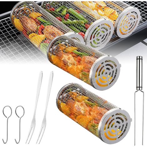 Paniers à griller roulants Accessoires barbecue en acier inoxydable Ensemble de 8 Tubes filet BBQ avec crochet Adapté aux légumes/frites/poisson/crevettes (1/5)