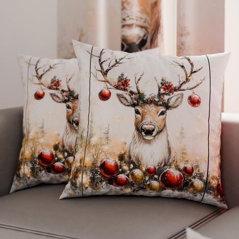 Paire de Housses de Coussin en Microfibre 80x80 cm, Coussins Décoratifs de Noël pour Chambre, Canapé, Salon, Lot de 2 Housses de Coussin, Taie d'oreiller Renne (1/3)