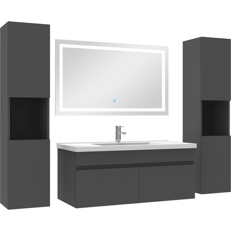 Ensemble meubles Salle de Bain 100cm vasque + colonnex2 + miroir lumineux Anthracite