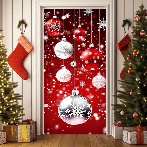 Nouvelle décoration de porte de Noël, motif Père Noël pour jardin, cour ou extérieur - 90 x 180 cm (perforée + ruban) - 28
