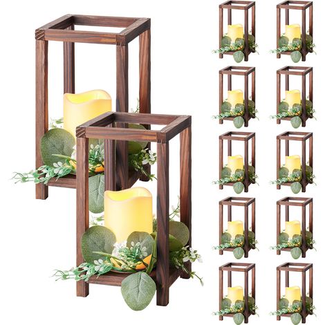 VEVOR Faroles de Madera para Bodas 12 Juegos con Velas LED y Coronas de Flores, Farolillos para Velas 140 x 140 x 254,8 mm, Candelabros para Decoración Rústica de Mesa de Boda, para Fiestas, Marrón (1/5)