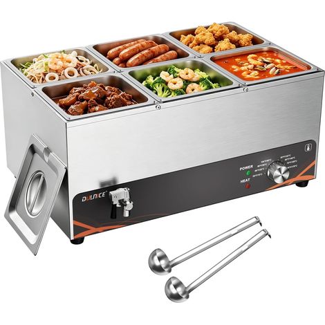 6 Bacs Bain-Marie Électrique en Acier Inoxydable, 1500W  24L Buffets Chauffe-Plats Electrique avec Temperature 30 à 85°C, Robinet de vidange, Cuillère à Soupe (1/5)