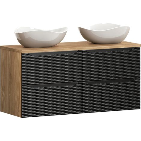 Doppelwaschtisch 120cm in Eiche mit schwarz, OLUO-56-BLACK, Front mit 3D-Struktur in Wellenoptik (1/5)