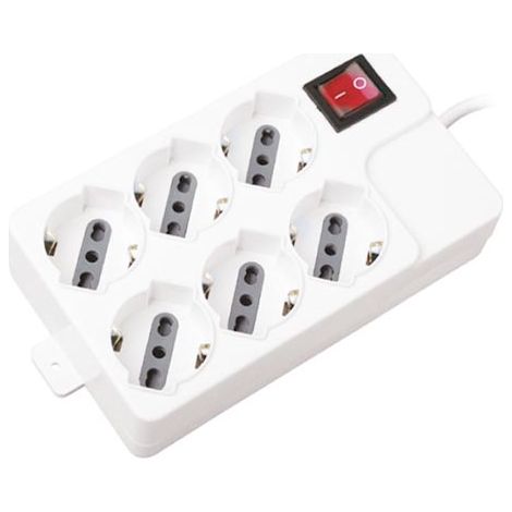 Multiprise V-TAC avec câble de 1,5 m, 6 prises 10/16 A, double passage + Schuko avec interrupteur lumineux, fiche 16 A, couleur blanche (1/3)