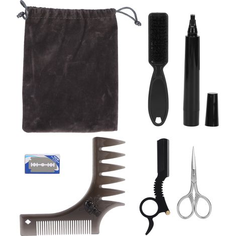 Kit de 7 outils pour l'entretien de la barbe : crayon à barbe, pinceau à sourcils, peigne à barbe imperméable, kit de taille, stylo à barbe noir (1/5)