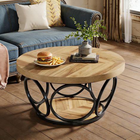 Table basse ronde en bois massif marron, meuble de rangement 2 niveaux, table d'appoint pratique pour salon, étagère basse élégante, set de 1 pièce, bois naturel uniquement. (1/5)