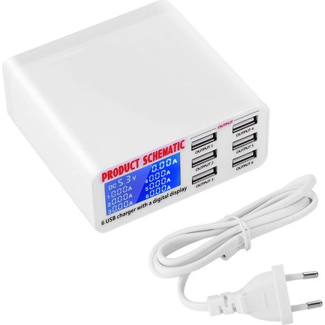Station de charge USB 6 ports 6A avec écran LCD, chargeur multiprise 100-240V (prise UE) (1/5)