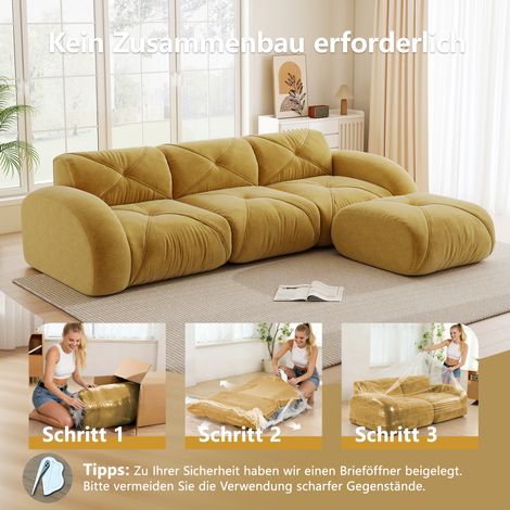 Canapé d'angle modulaire 3 places pour salon, piètement antidérapant, repose-pieds inclus, sans montage, fauteuil jaune, ensemble de canapé convertible. (1/5)