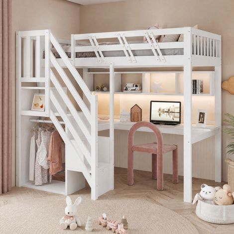 DESMIU Lit mezzanine 2 places avec escalier de rangement, bureau, LED et prises 140 × 200 cm sans matelas (1/5)