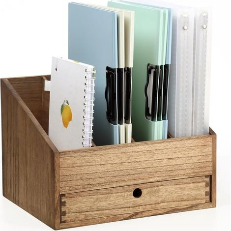 Schreibtisch-Organizer aus Holz mit 4 Fächern und Schublade – Briefablage, Dokumentenablage und Aktenhalter für Büro, Zuhause und Schule, Braun (1/4)