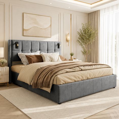 Lit double adulte 160 x 200 cm avec lampes de chevet - Lit coffre rembourré 140 x 200 - Velours gris - Sommier à lattes - Style scandinave (1/5)