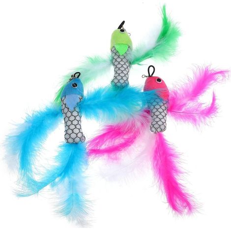 Jouet pour Chaton en Peluche Forme de Poisson 3 Pièces Plume Artificielle, Accessoire de Bâtonnet à Chat pour Jeu et Exercice, Facile à Ranger et Soulage L'ennui Couleur Aléatoire (1/5)