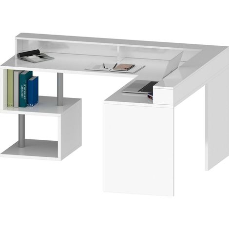 Dmora - Scrivania Sansone, Scrittoio angolare con ripiani portaoggetti, Scrivania ufficio multiuso con sopralzo, 180x60h93 cm, Bianco, con imballo rinforzato