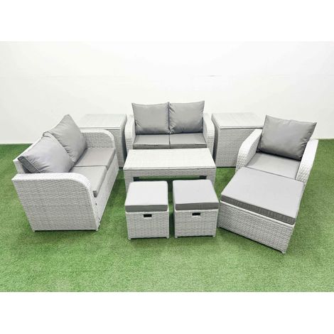 Fimous High Back Poly Rattan Garden Furniture Set with Reclining Chair Loveseat Sofa Oblong Coffee Table Indoor Outdoor Patio Set 3 Stools 2 Side Table Light Grey (1/4)