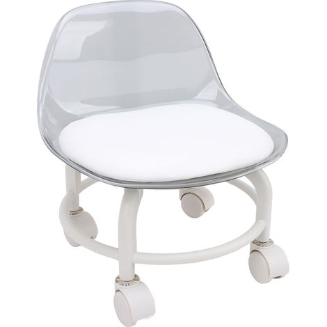 Tabouret bas à roulettes avec dossier, petit modèle en acrylique transparent blanc silencieux. (1/5)