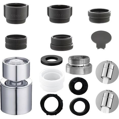 Aérateur comprend Embout Robinet Cuisine Modes, Mousseur Robinet avec Aerateur, Mitigeur Evier Cuisine Tete de Rotative pour Robinets d'Évier de Cuisine (Adaptateur 18mm vers 22mm) (1/5)
