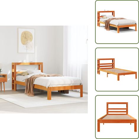 The Living Store Letto senza Materasso Marrone Cera 75x190 cm in Legno di Pino - Testiera autoportante