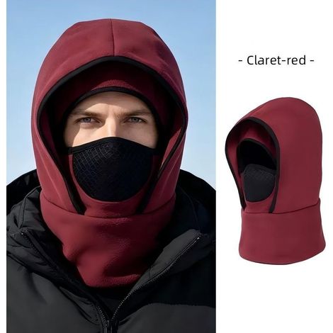 Cagoule polaire double couche respirante pour homme, protection tête visage cou contre vent et froid, panneau mesh pour ski moto randonnée hiver,rouge (1/5)