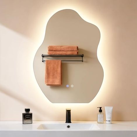 GBLY Asymmetrischer LED Badspiegel 60x80 cm Wandspiegel IP44 Touch Schalter Entfogger dimmbar 3000K-6500K (1/5)
