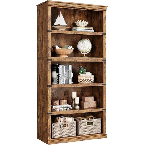 Bibliothèque rétro à 5 étagères en bois style ferme pour salon et bureau (1/5)