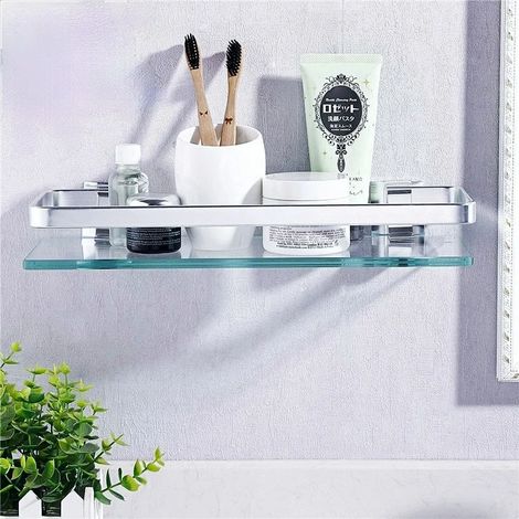 Étagère de salle de bain rectangulaire en verre trempé (30 cm), 1 niveau, finition argentée sablée, fixation murale, avec support en aluminium. Disponible en 30, 40 et 50 cm. (1/5)
