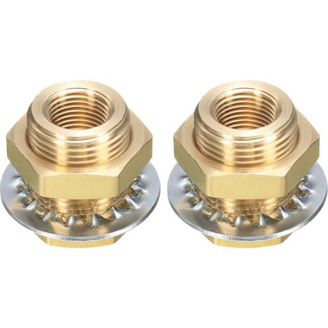 2Pcs Raccord De Cloison en Laiton NPT 3/8" Femelle Double Filetage pour Réservoir d'eau avec Joints D'Étanchéité pour Sceaux De Pluie Aquariums Éviers (1/5)