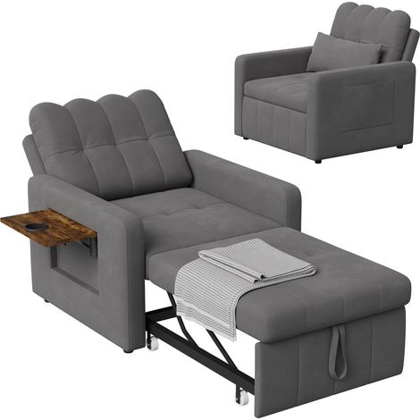 Sillón con función extensible en cama, 108 x 85 x 86 cm, bandeja lateral y bolsa, respaldo ajustable, gris (1/5)