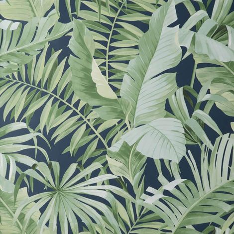 Navy Green Maui Leaf Wallpaper Fine Decor Tropical Jungle Palm Modern Natural (1/2)