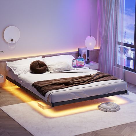 Lit 140x190 cm en métal noir, LED et station de charge moderne pour chambre FloraGrace (1/5)