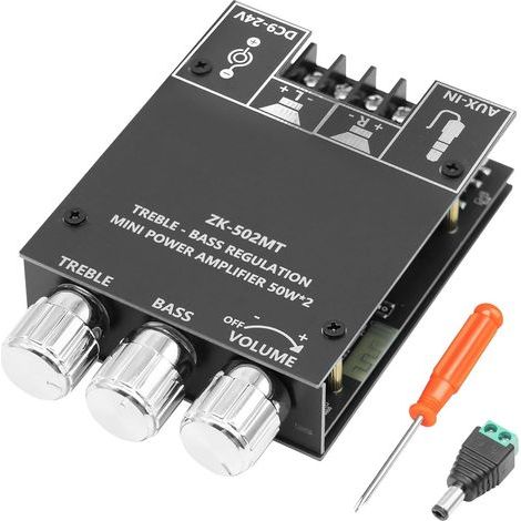 ZK-502MT Amplificateur Bluetooth Hifi Stéréo, 50W+50W 2.0 Canaux Audio avec BT et AUX, DC 9-24V, Réglage des Aigus et des Graves, Amplificateur Bluetooth pour Enceintes DIY et Haut-parleurs Domestique (1/5)