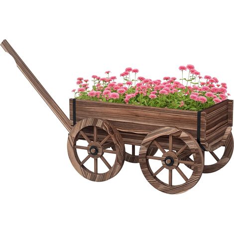 Chariot à Fleurs en Bois avec Roues et poignée, bac à Fleurs, brouette avec Trous de Drainage, jardinière décorative pour Jardin, Balcon, terrasse, 120 x 41 x 54 cm, Marron carbonisée (1/5)