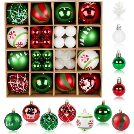 Bardusch-40 ornements Noël 6/3 cm rouge vert blanc + 2 pommes de pin, 10 styles plastique incassable (1/4)
