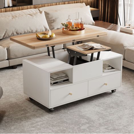 Tisch aus MDF in Weiß und Naturholz 100 x 50 cm, höhenverstellbar mit Klappplatte und Rollen (1/5)