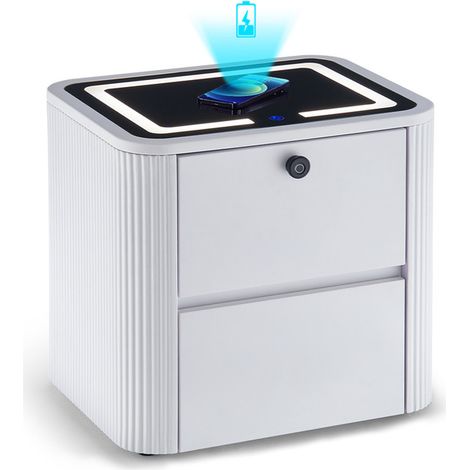 Bedside Table, 2 Drawer Nightstand with 3 Color LED Light, Tempered Glass Top Smart Bedside Cabinet with Wireless Charger (1/5)