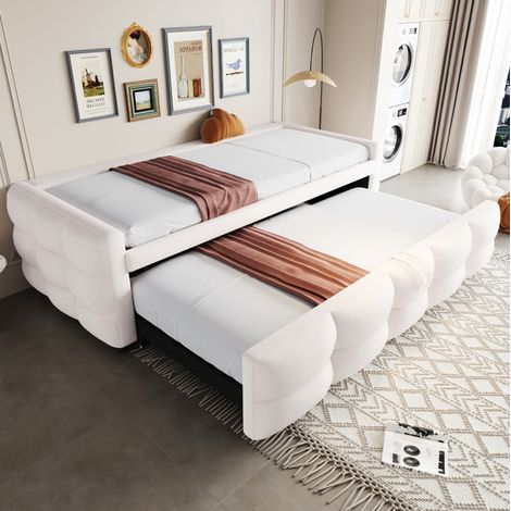 Ausziehbares Bett 90/180x190 cm beige aus Lammfell-Optik mit Lattenrost und Stauraum (1/5)