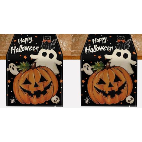 Camino de mesa de Halloween con diseño de calabaza Jack O'Lantern, fantasma adorable, gato negro con pajarita y araña. Dimensiones: 33 x 183 cm (2 piezas). (1/5)