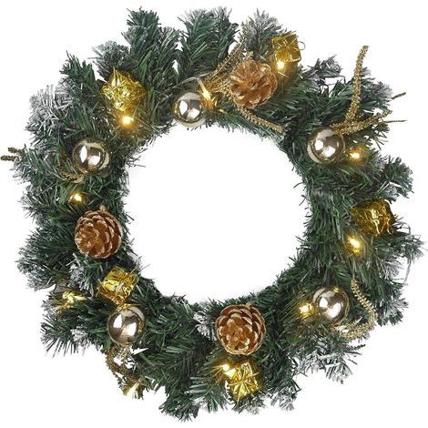 Couronne de Noël lumineuse avec lumières LED, couronne de porte pré-illuminée de 40 cm avec décorations, guirlande artificielle à piles pour porte d'entrée, motif Bouddha