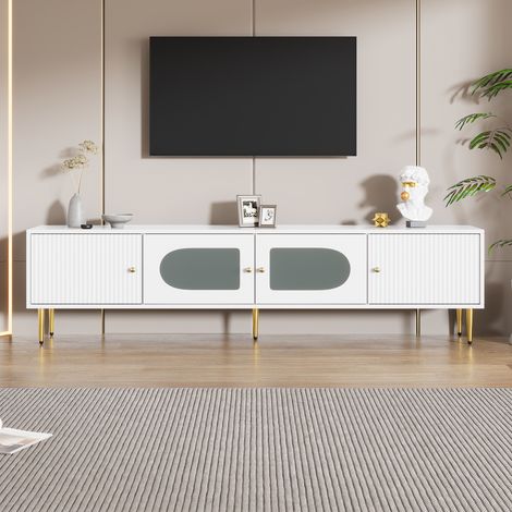Mobile TV con 4 Ante e 2 Fori Passacavi, 2 Ante a Righe e 2 Ante in Vetro Ad Arco, Soggiorno, 170×35×50 cm (1/5)