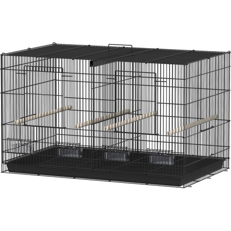 Vogelkäfig/Voliere aus Stahl für den Innenbereich mit Trennwand, 4 Sitzstangen, ausziehbarer Futterschale und 4 Futternäpfen, 76 x 46 x 46 cm, schwarz