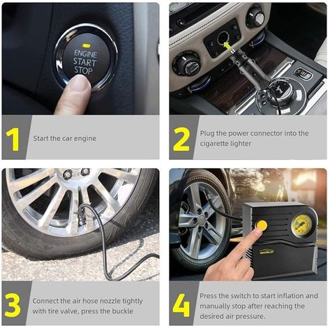 Gonfleur pneus Voiture 12V Mini Compresseur Air Portatif Pompe de pneu Allume Cigare Electrique Velo avec Manomètre et Adaptateurs Valve(Jaune) (1/2)