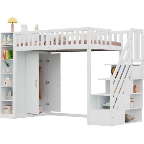 Cama Alta 90 x 200 Cm Con Armario, Escalera De Almacenamiento Y Estantes, Sin Colchón, De Madera, Blanco (1/5)