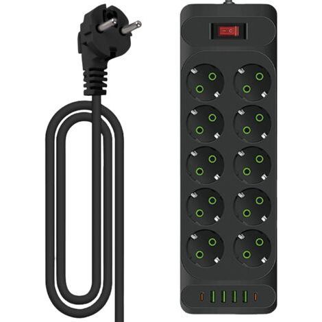 10 Outlet Power Strip: Power strip with 4 USB charging ports + 2 Type C ports, wall distribution socket, power strip with switch, 10 outlet power strip with 2 m cable for (1/5)