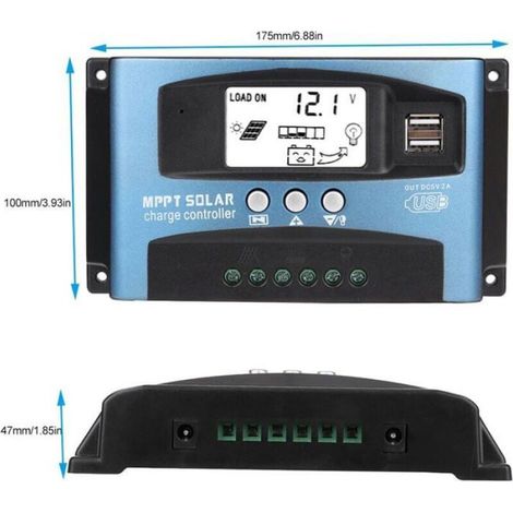 Régulateur Solaire MPPT 100A 12V/24V, Contrôleur Charge LCD USB Intelligent Panneau (1/4)