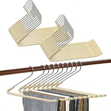 Lot de 20 cintres à pantalons ouverts avec mousse antidérapante, métal chromé, gain de place, extrémité ouverte, beige (1/5)