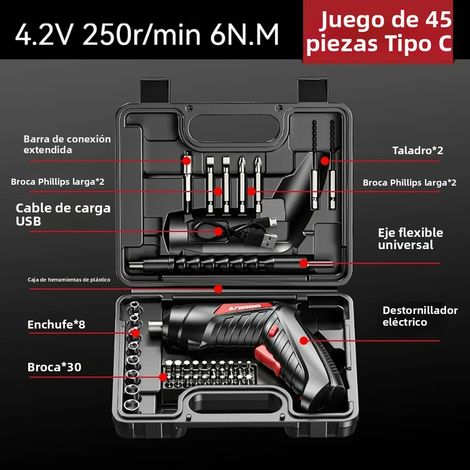 (Coffret de 45 pièces) Kit de tournevis électrique sans fil rechargeable 4,2 V avec batterie et perceuse (1/5)