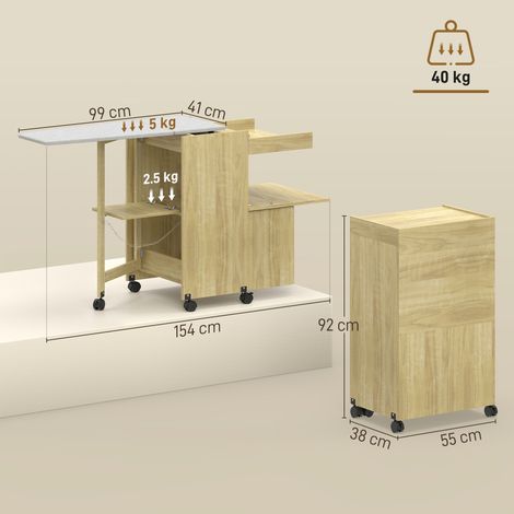 Table à repasser pliable (avec fer et étendoir à linge, compartiment ouvert), 154 x 55 x 87 cm, bois naturel (1/4)