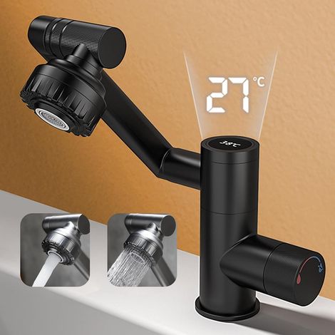 Mitigeur lavabo noir flexible extractible, robinet salle de bain moderne à 2 fonctions, mélangeur eau chaude froide avec douchette design élégant (1/5)