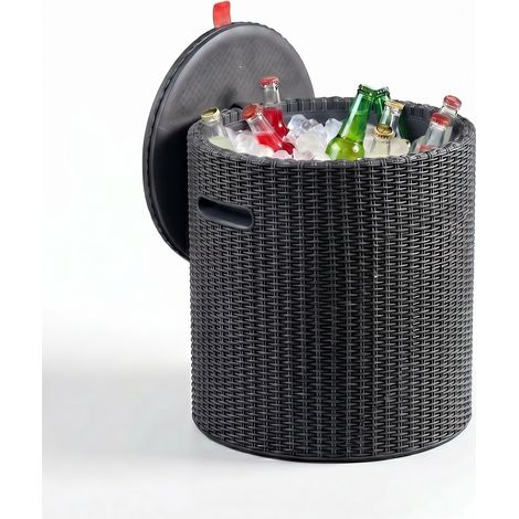 Mesa baja con nevera Keter Cool Stool 39 L en resina efecto ratán gris antracita, mesa exterior isotérmica (230905)