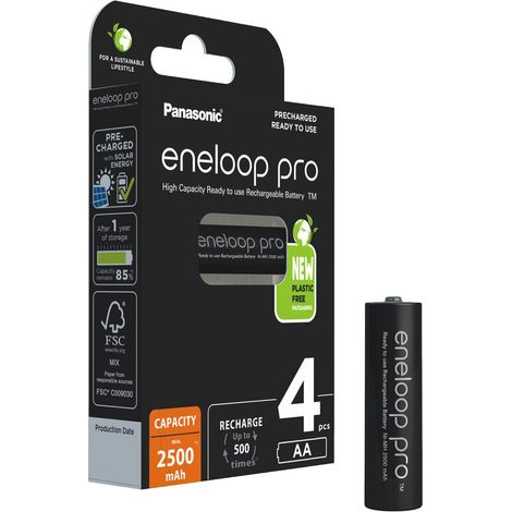 Pilas recargables Panasonic Eneloop Pro AA de 2500 mAh, 4 unidades (5410853064152) (1/2)